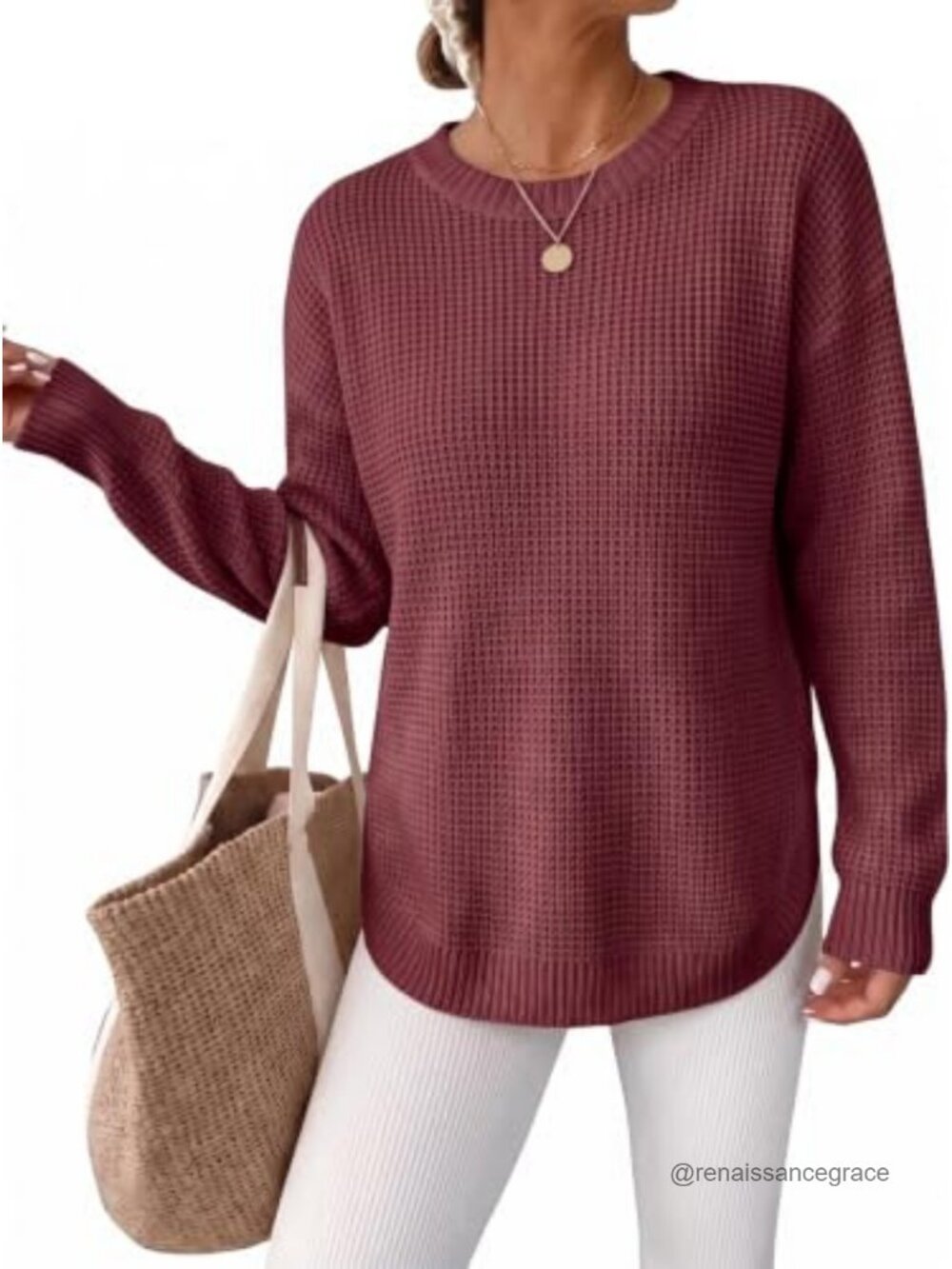 Waffle Knit Oversized Pullover Sweater Crewneck Long Sleeve